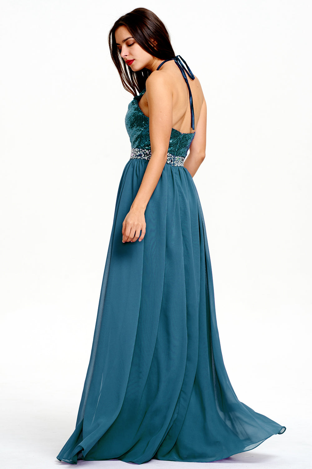 Open-Back Sequin and Chiffon Halter A-Line Evening Dress