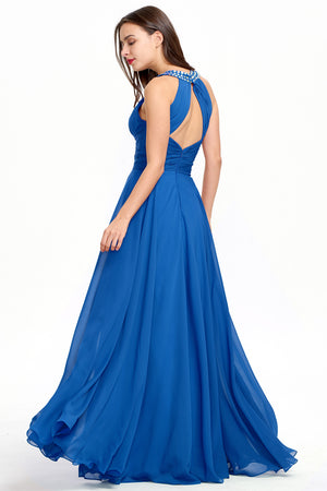 Blue Halter Chiffon A-Line Evening Dress with Keyhole Neckline