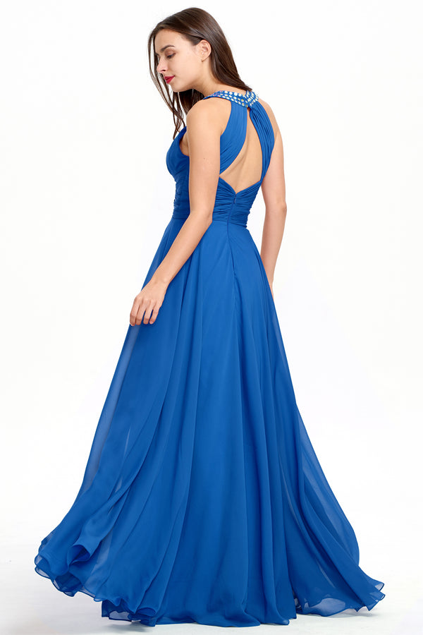 Blue Halter Chiffon A-Line Evening Dress with Keyhole Neckline