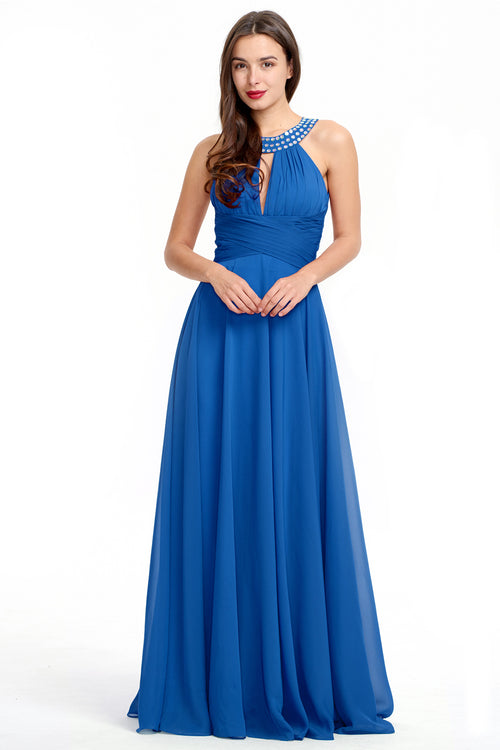 Blue Halter Chiffon A-Line Evening Dress with Keyhole Neckline