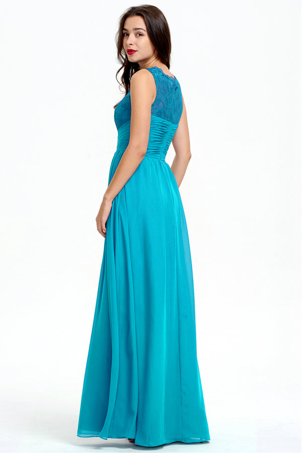Blue Ruched Lace and Chiffon A-Line Bridesmaid Dress