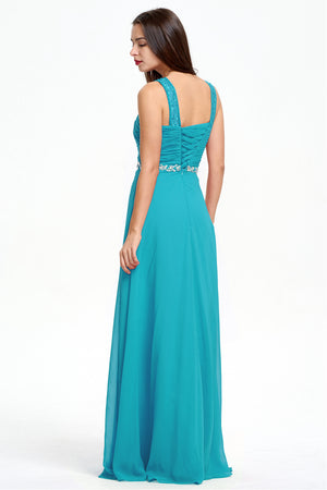 Blue Ruched Chiffon A-Line Evening Dress with Illusion Neckline