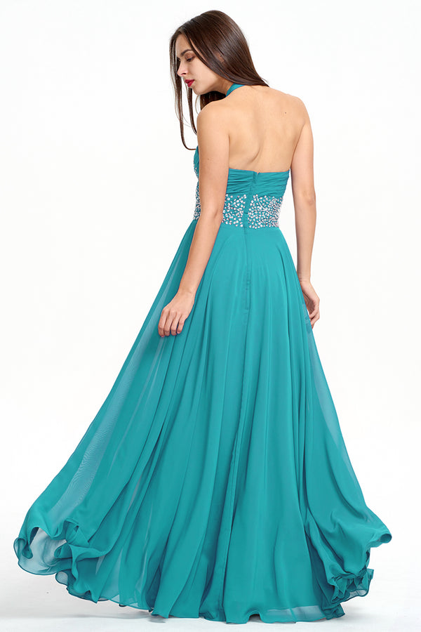 Aquamarine Open-Back Beaded Halter Chiffon A-Line Prom Dress