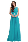 Blue Ruched Chiffon A-Line Evening Dress with Illusion Neckline