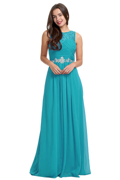 Blue Ruched Chiffon A-Line Evening Dress with Illusion Neckline