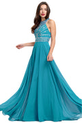 Aquamarine Cutout-Back Beaded Halter Chiffon A-Line Evening Dress