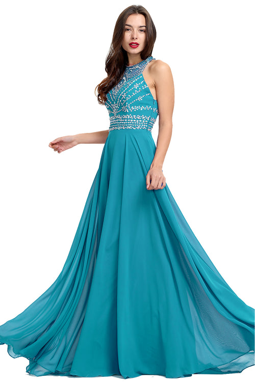Aquamarine Cutout-Back Beaded Halter Chiffon A-Line Evening Dress