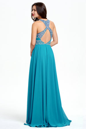Aquamarine Cutout-Back Beaded Halter Chiffon A-Line Evening Dress