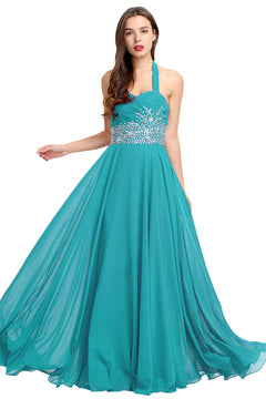 Aquamarine Open-Back Beaded Halter Chiffon A-Line Prom Dress
