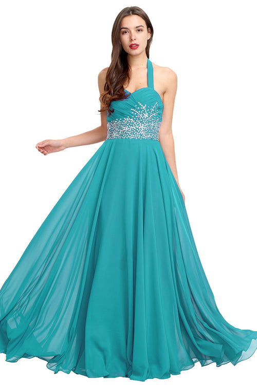 Aquamarine Open-Back Beaded Halter Chiffon A-Line Prom Dress