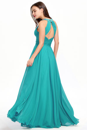 Aquamarine Halter Chiffon A-Line Evening Dress with Keyhole Neckline