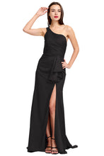 One Shoulder Sleeveless Slim Fit Satin Evening Dress With High Slit