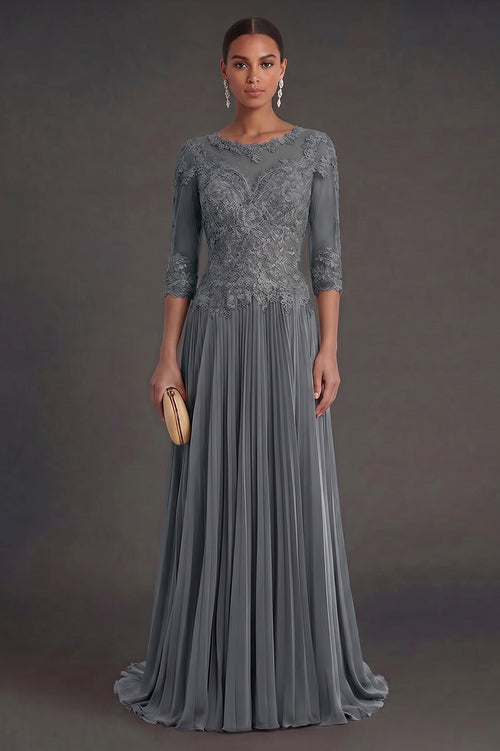 Steel Grey Half-Sleeve Lace and Pleated Chiffon Mother of the Bride Dress