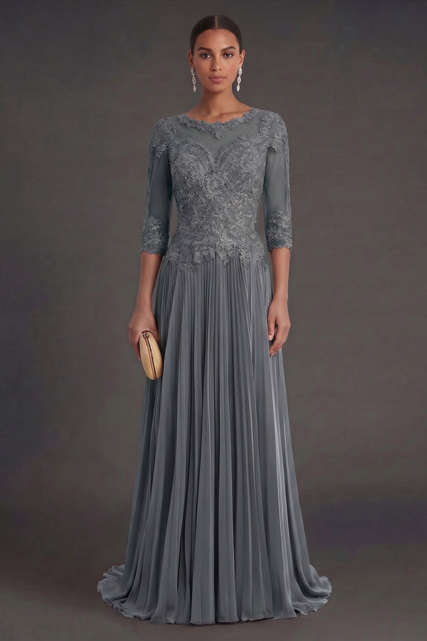 Half-Sleeve Lace and Pleated Chiffon Mother of the Bride Dress