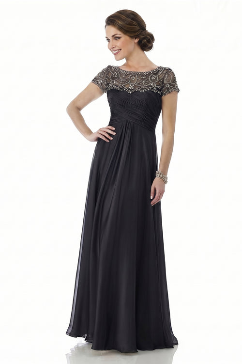 Black Ruched Lace and Chiffon A-Line Mother of the Bride Gown