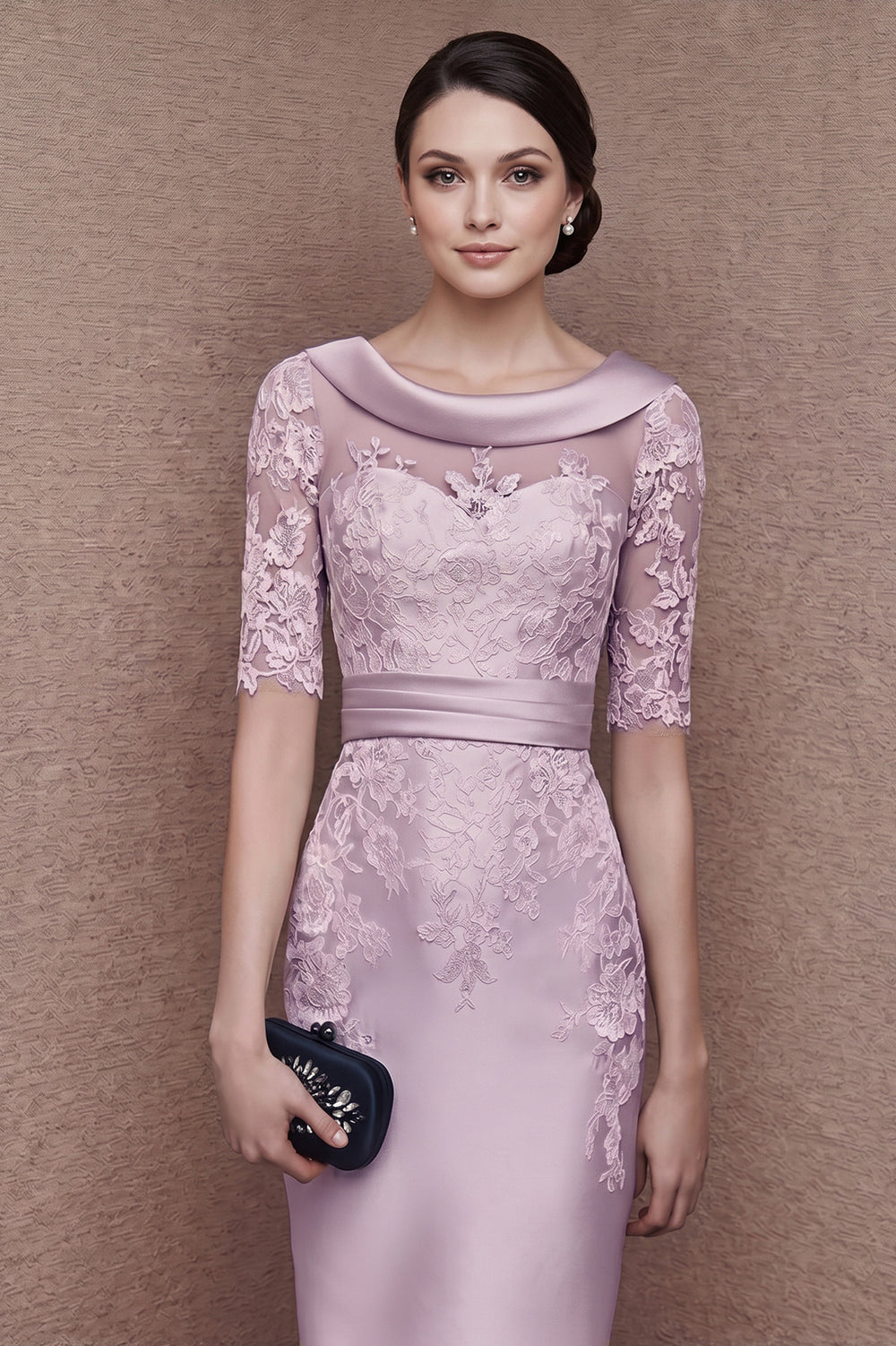 Lace-Sleeve Stretch Satin Sheath Mother of the Bride Dress