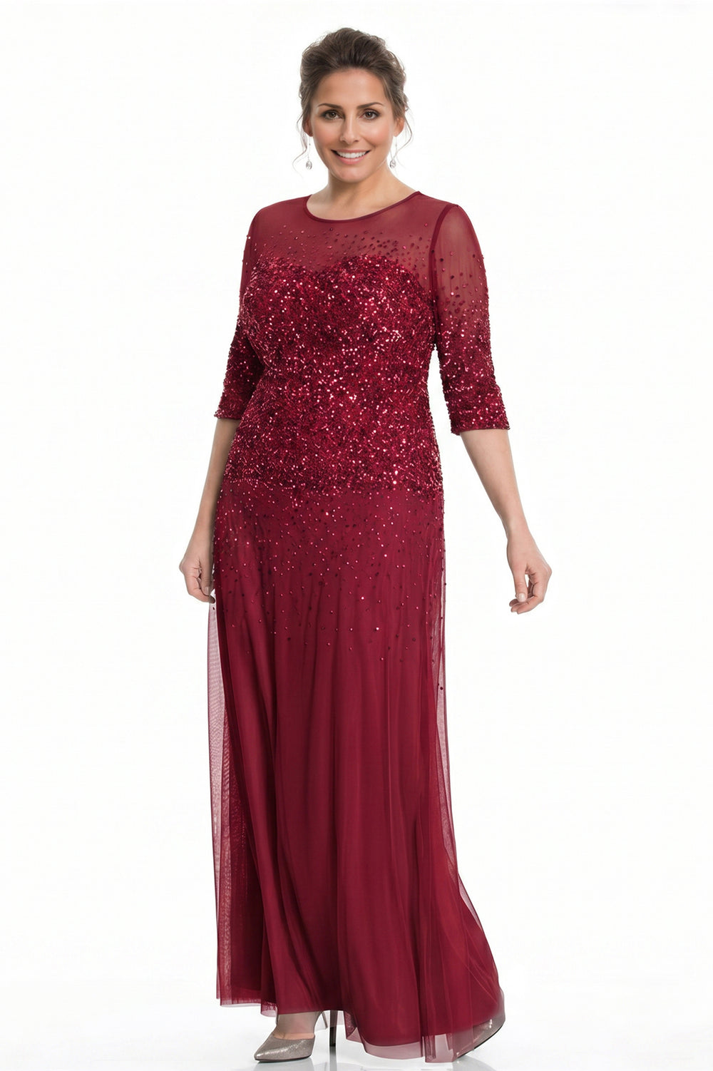 Burgundy Half-Sleeve Sequin and Tulle Column Mother of the Bride Gown