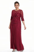 Burgundy Half-Sleeve Sequin and Tulle Column Mother of the Bride Gown