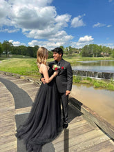 Black Tulle Strapless A-Line Long Prom Dresses With Appliques