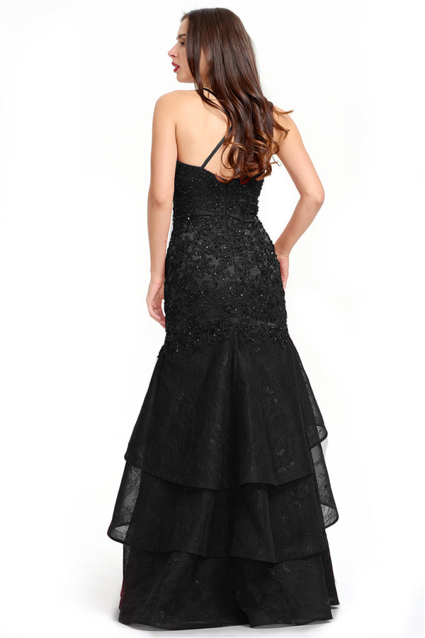 Black Lace-Applique Tulle Mermaid Prom Dress with Tiered Ruffles