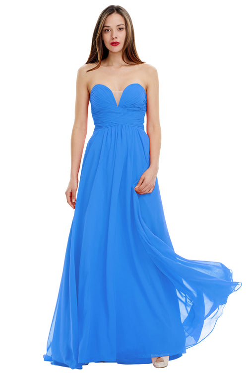 Blue Strapless Ruched Chiffon A-Line Bridesmaid Dress
