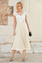 A-line V-neck Cap Sleeves Tea-length Chiffon Lace Mother of the Bride Dresses