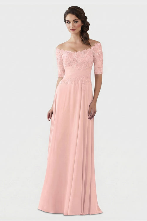 Pearl Pink Off-the-Shoulder Lace and Chiffon Mother of the Bride Gown