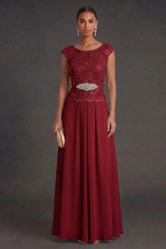 Burgundy Chiffon A-Line Mother of the Bride Dress with Lace Bodice