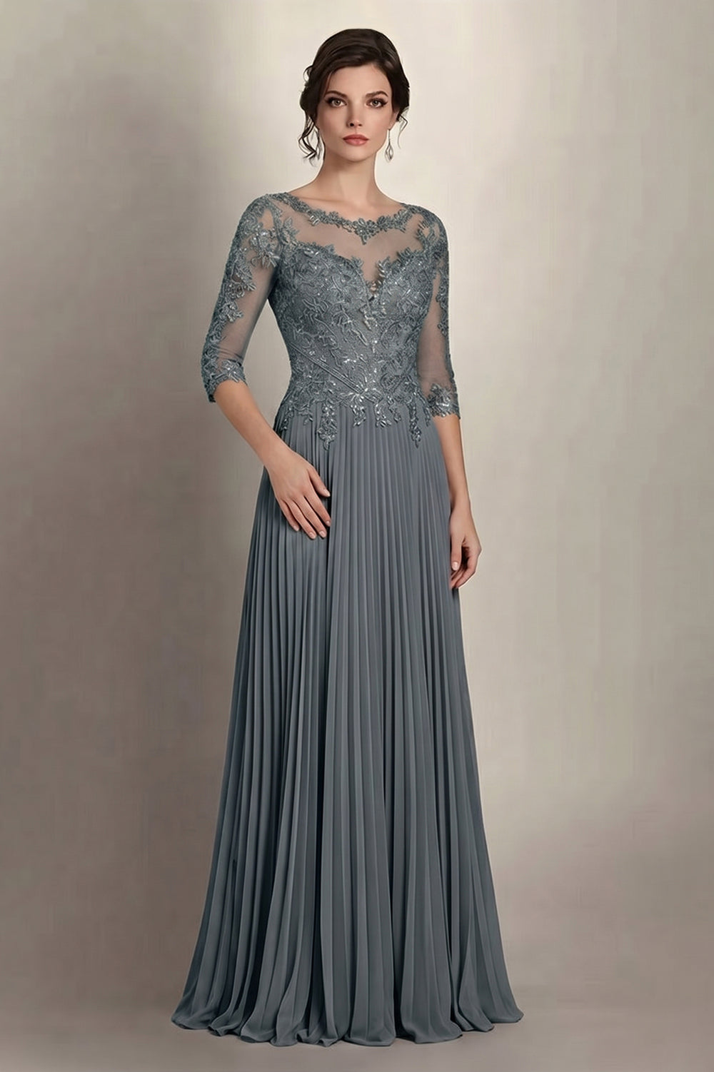 Steel Grey 3/4-Sleeve Lace and Pleated Chiffon Mother of the Bride Gown