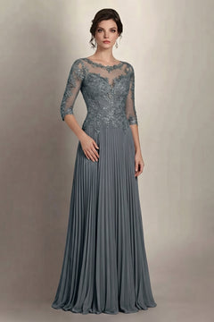 Steel Grey 3/4-Sleeve Lace and Pleated Chiffon Mother of the Bride Gown
