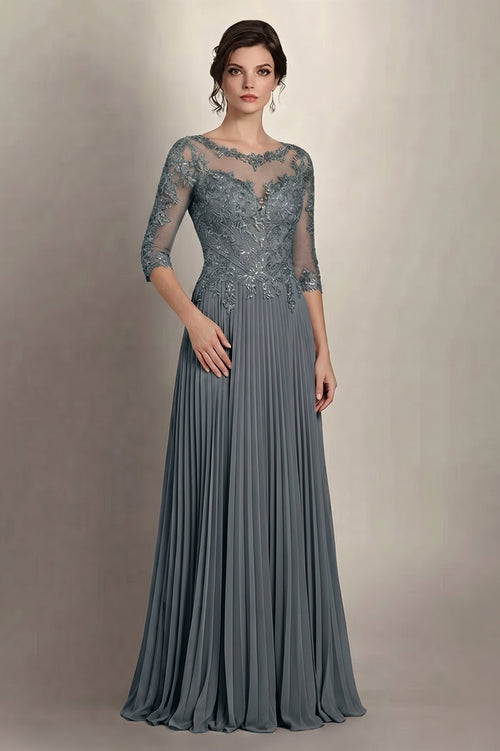 Steel Grey 3/4-Sleeve Lace and Pleated Chiffon Mother of the Bride Gown