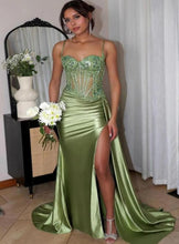 Thin-Strapped Satin Lace Appliques Slit Mermaid Prom/Evening Dress