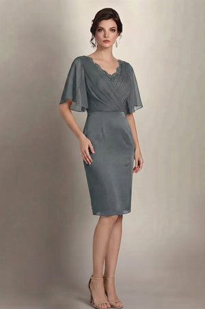 Flutter-Sleeve Lace-Inset Chiffon Sheath Mother of the Bride Dress