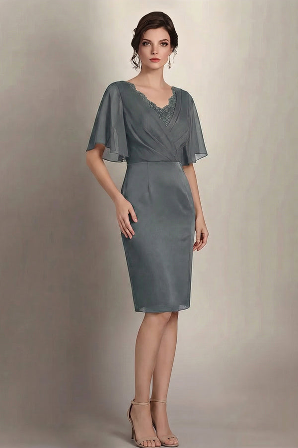 Flutter-Sleeve Lace-Inset Chiffon Sheath Mother of the Bride Dress