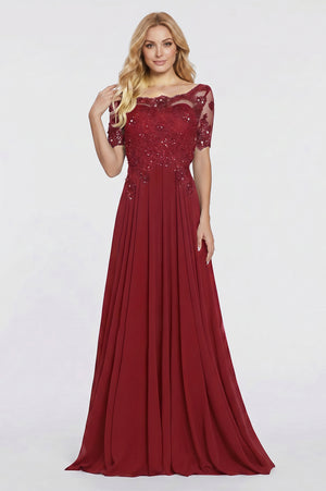 Illusion-Sleeve Lace and Chiffon A-Line Mother of the Bride Gown