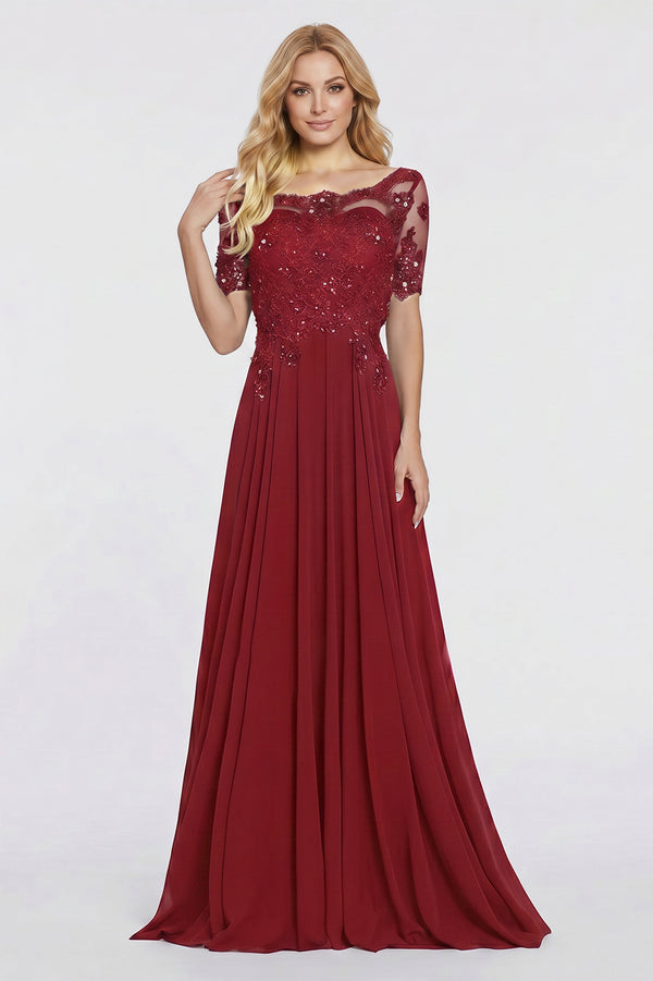 Illusion-Sleeve Lace and Chiffon A-Line Mother of the Bride Gown