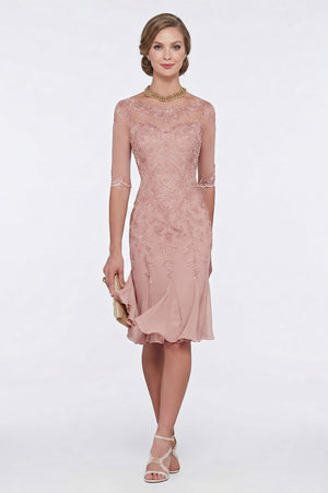 Half-Sleeve Lace Sheath Mother of the Bride Dress with Chiffon Ruffle Hem