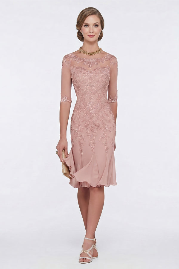 Half-Sleeve Lace Sheath Mother of the Bride Dress with Chiffon Ruffle Hem