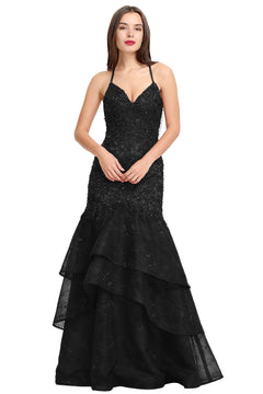 Black Lace-Applique Tulle Mermaid Prom Dress with Tiered Ruffles