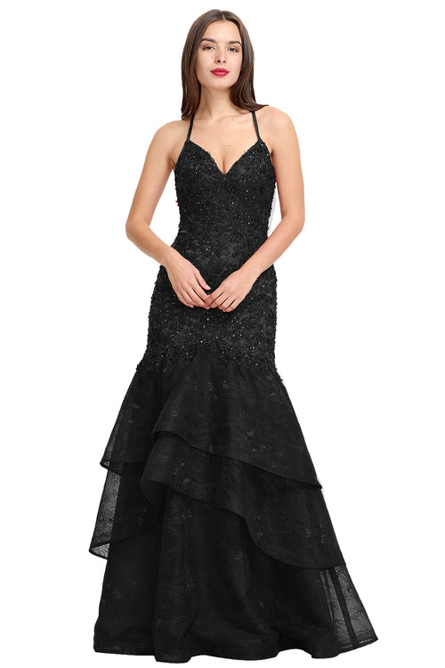 Black Lace-Applique Tulle Mermaid Prom Dress with Tiered Ruffles