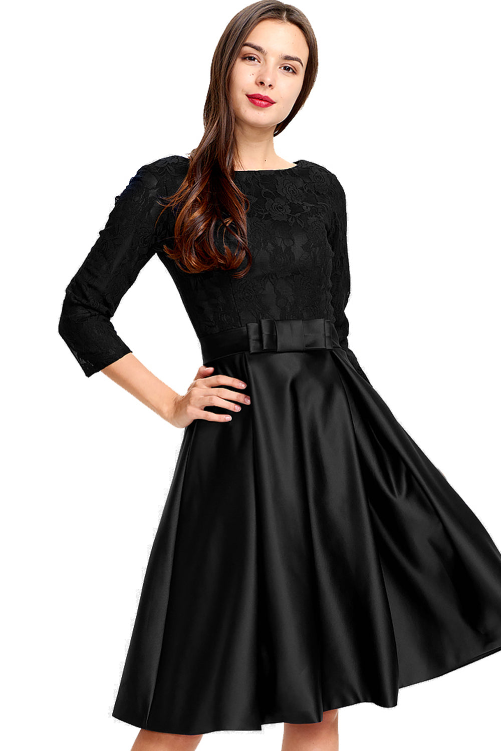 3/4-Sleeve Lace and Pleated Satin Homecoming Dress with Waist Bow