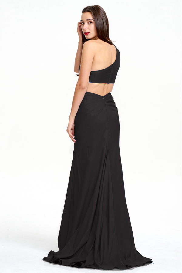 One-Shoulder Stretch Satin Sheath Evening Gown with Ruffle Slit and Back Cutout