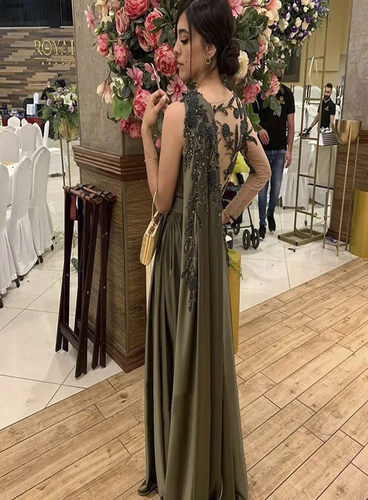 One-Shoulder Olive Green Satin Prom Dresses with Cape Sleeves