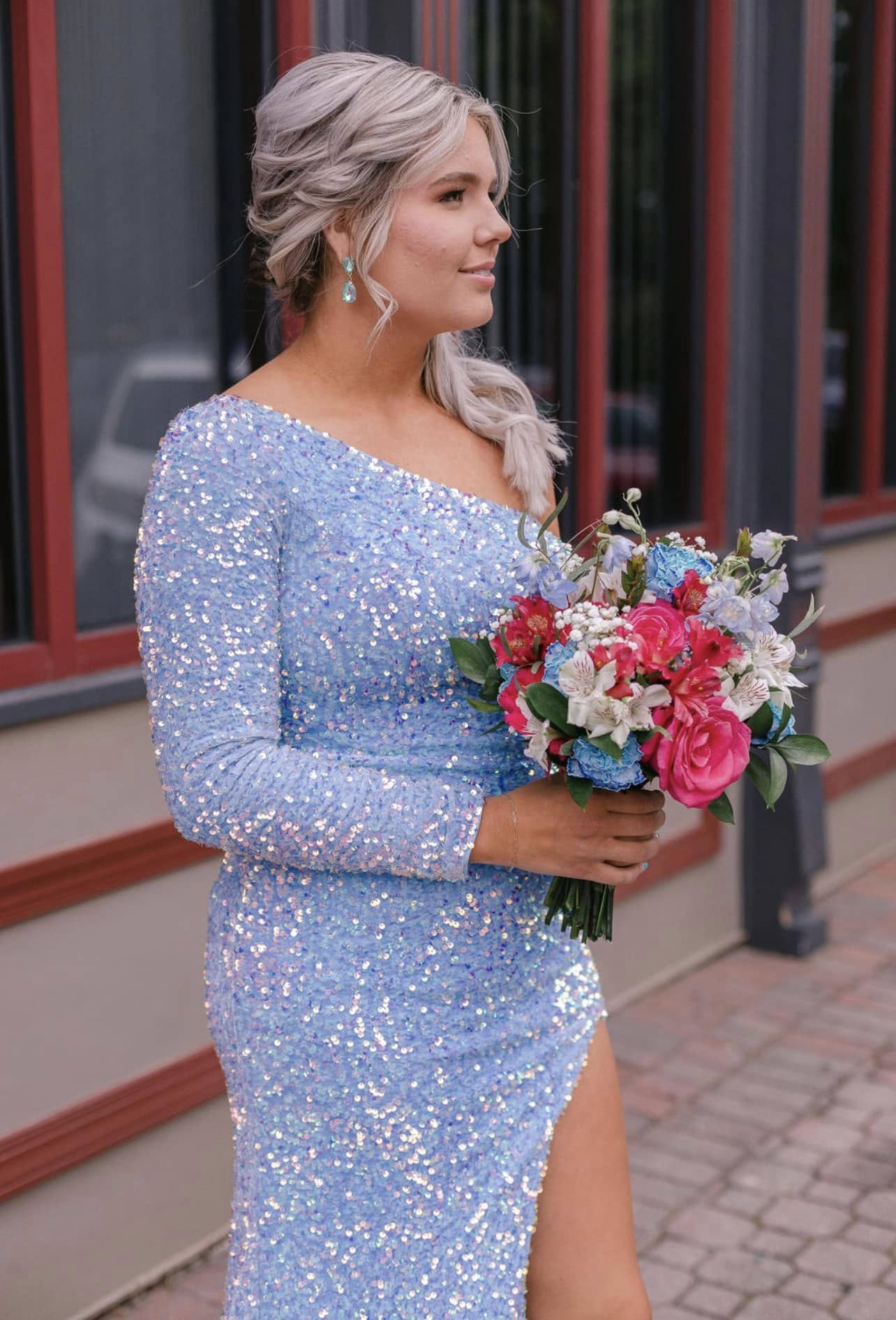 One Shoulder Long Sleeves Sequin Mermaid Slit Prom/Evening Dresses