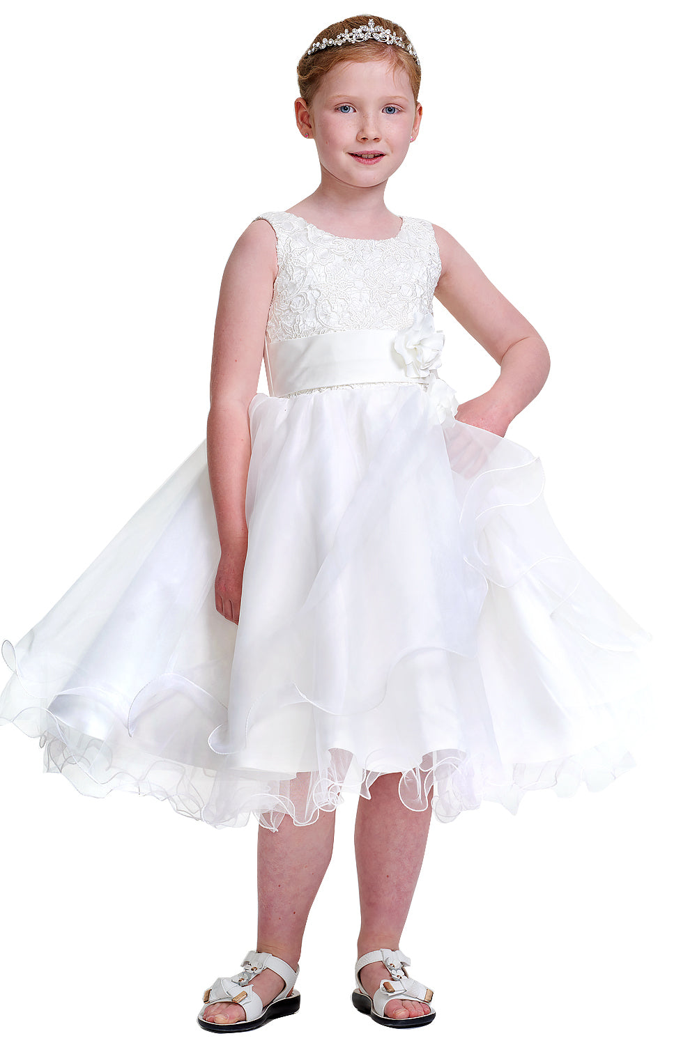 Ruffled Organza Flower Girl Dress with Lace Bodice and Floral Sash
