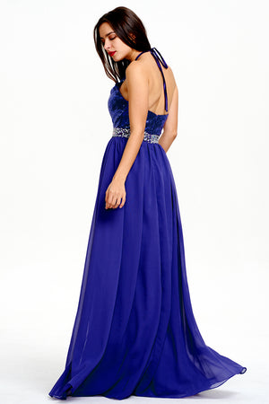 Royal Blue Open-Back Sequin and Chiffon Halter A-Line Prom Dress