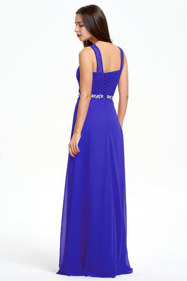 Royal Blue Ruched Chiffon A-Line Evening Dress with Illusion Neckline