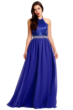 Royal Blue Open-Back Sequin and Chiffon Halter A-Line Prom Dress