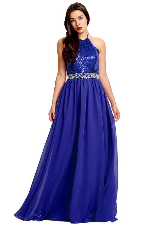 Royal Blue Open-Back Sequin and Chiffon Halter A-Line Prom Dress