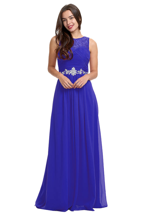 Royal Blue Ruched Chiffon A-Line Evening Dress with Illusion Neckline